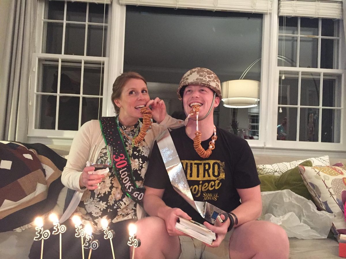 Mike and Jesse at their 30th, pretzel necklaces and all